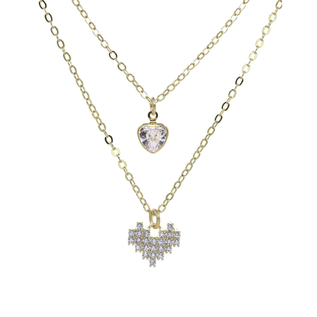 COLLAR DOBLE CADENA CON PLACA EN FORMA DE CORAZÓN Y MINI CIRCONES ENCHAPADO EN ORO