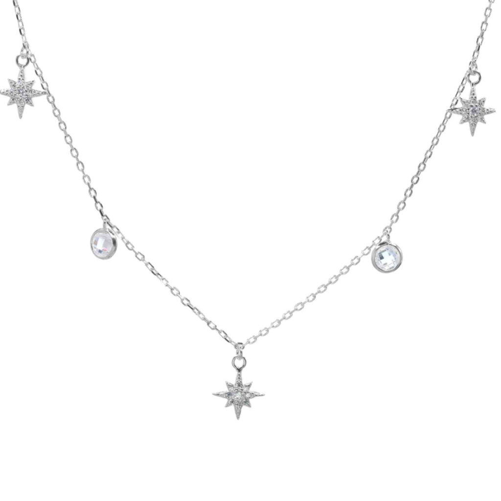 COLLAR ESTILO CASCADA CON ESTRELLAS Y CIRCONES DE PLATA