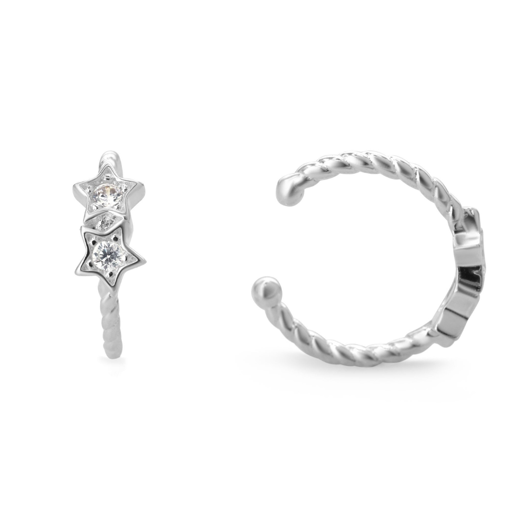 Aros de Plata 925 Cuff Semi Trenzado Doble Estrella con Circones, 12 mm