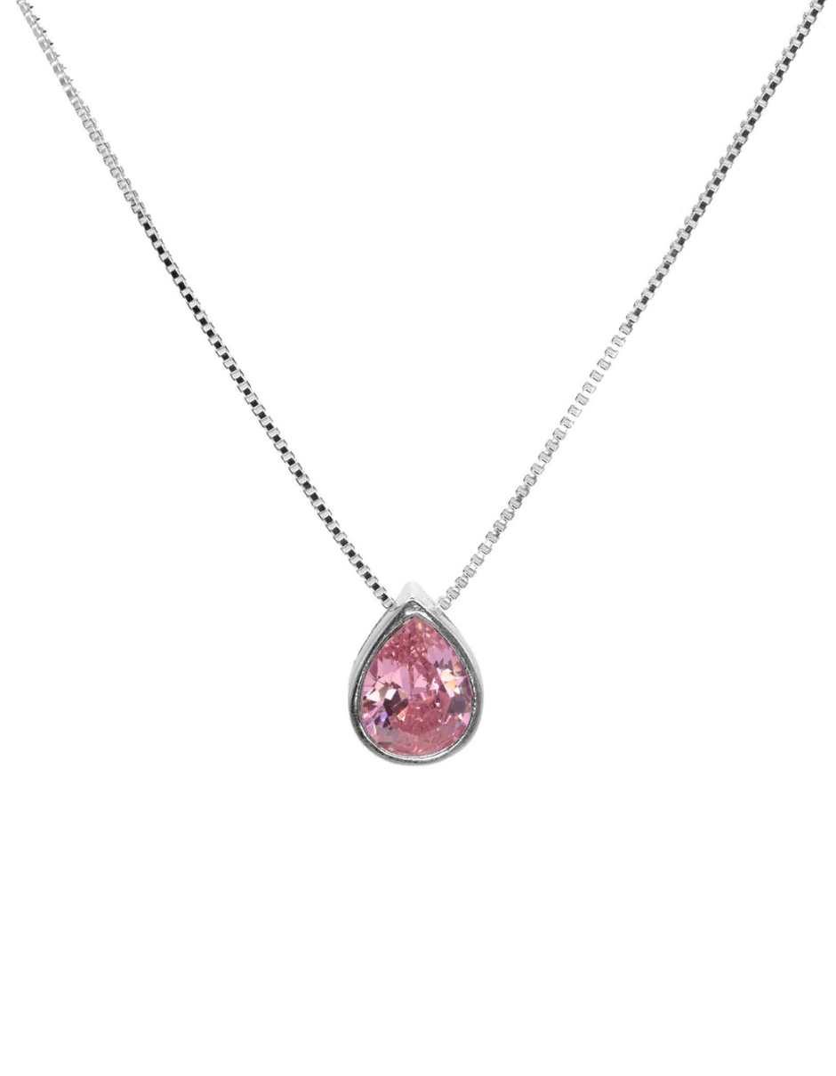 Collar de plata 925 con colgante de punto de luz en forma de gota circón rosade 8 mm, tamaño 45 cm, diseño minimalista y elegante.